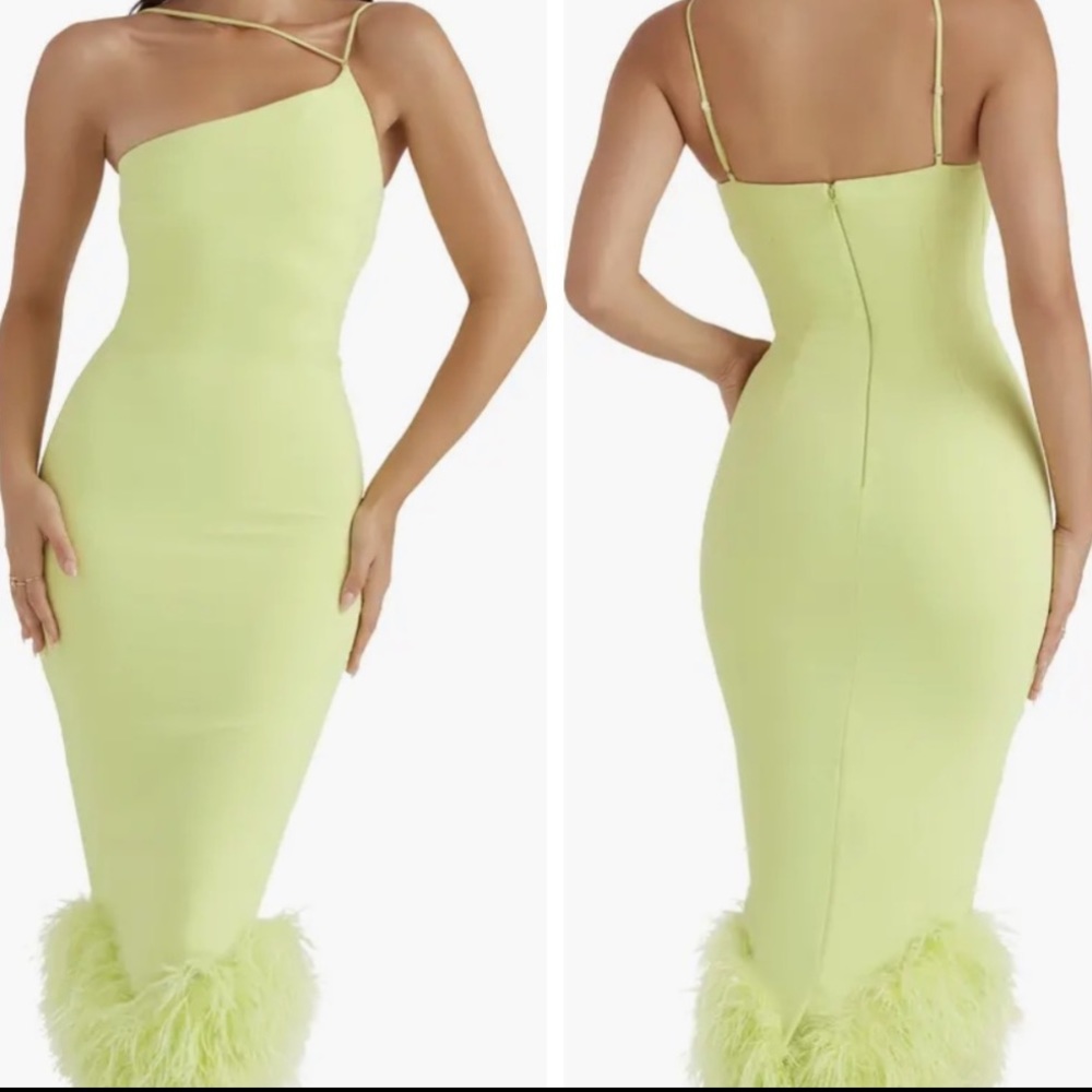 Alessia Asymmetric Feather Trim Midi Dress